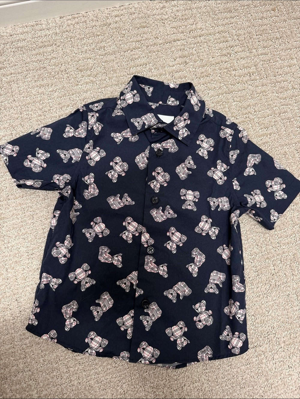 Limited Burberry Short-Sleeve Button-Down Shirt with Plaid Bear Motif. 3T